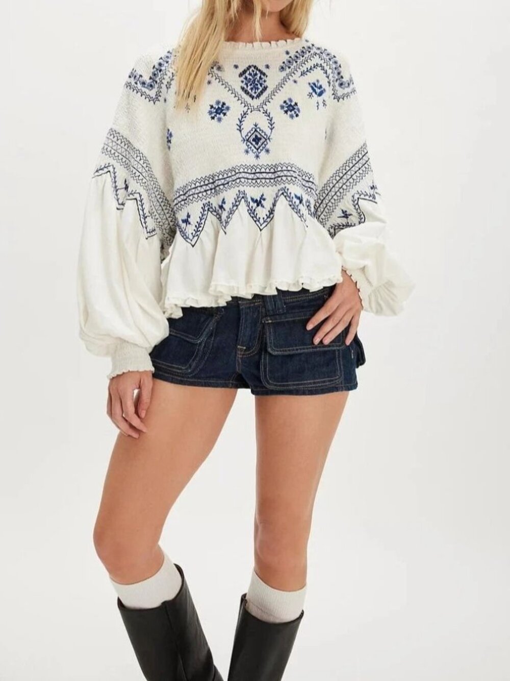 Free People Holly Long Sleeves Knit Top Embroidered Smocked Boat Neck XS 289660